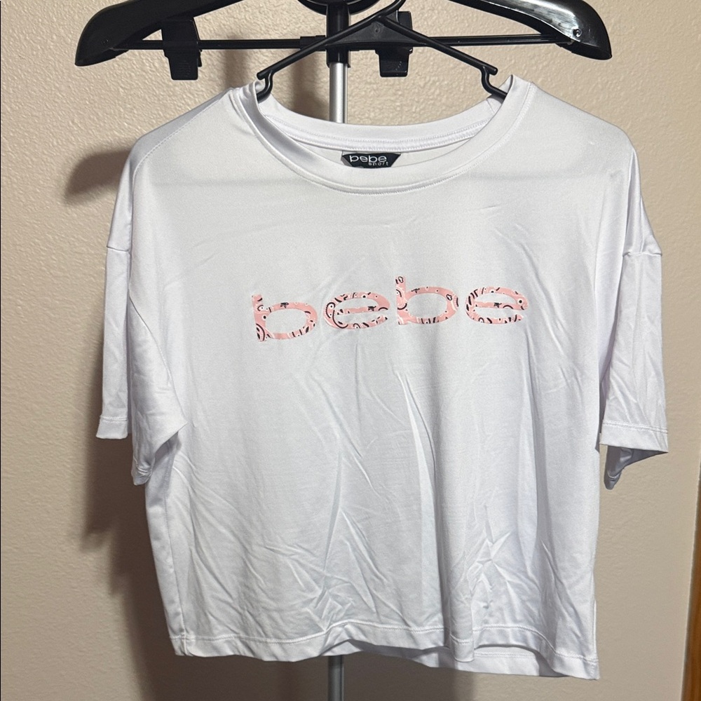 Bebe White Tee with Pink‎ Logo